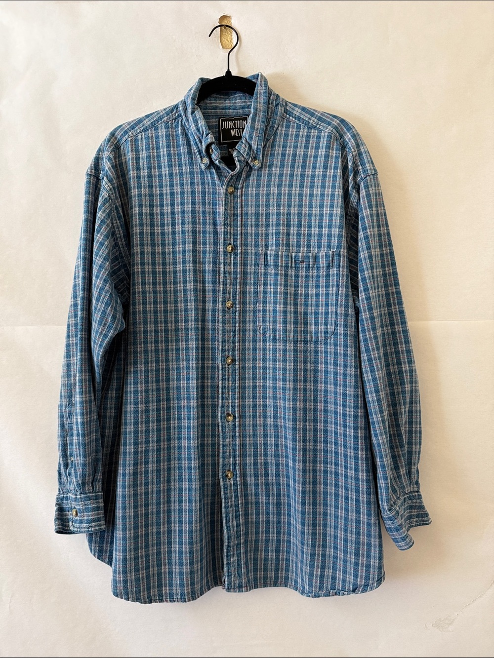 Junction West Blue Plaid Button Down Shirt Men Sz  XL 100% Cotton Western Ranch